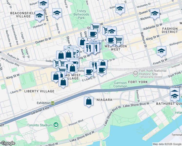 map of restaurants, bars, coffee shops, grocery stores, and more near 22 Western Battery Road in Toronto