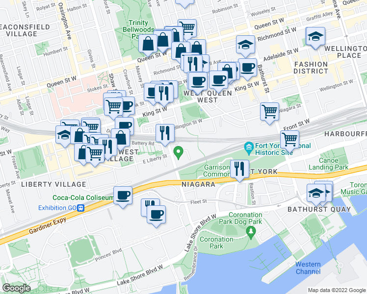 map of restaurants, bars, coffee shops, grocery stores, and more near 30 Ordnance Street in Toronto
