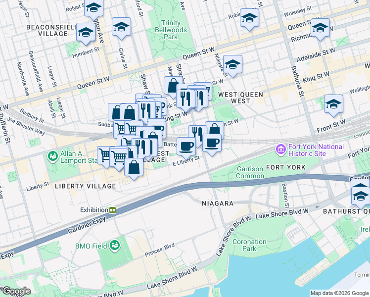 map of restaurants, bars, coffee shops, grocery stores, and more near 38 Western Battery Road in Toronto
