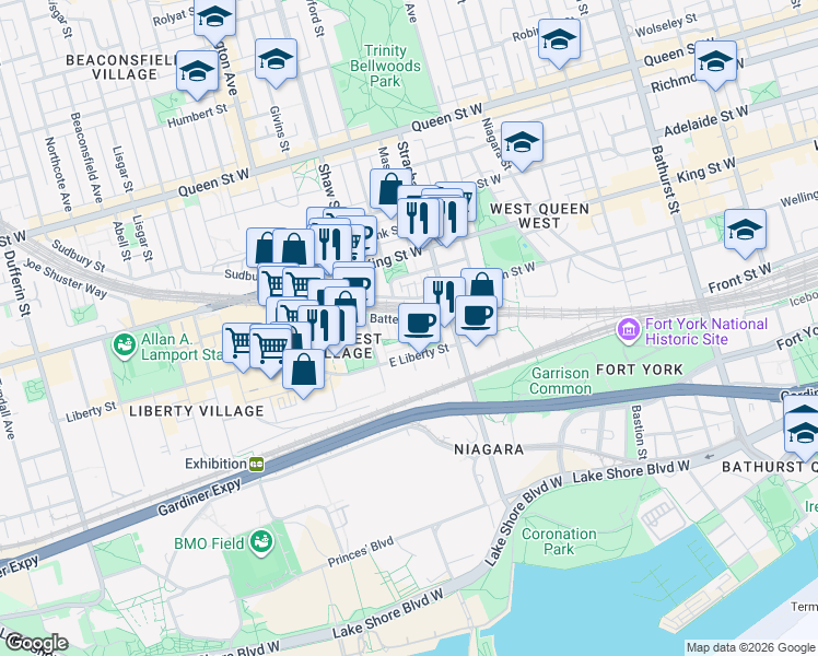 map of restaurants, bars, coffee shops, grocery stores, and more near 38 Western Battery Road in Toronto