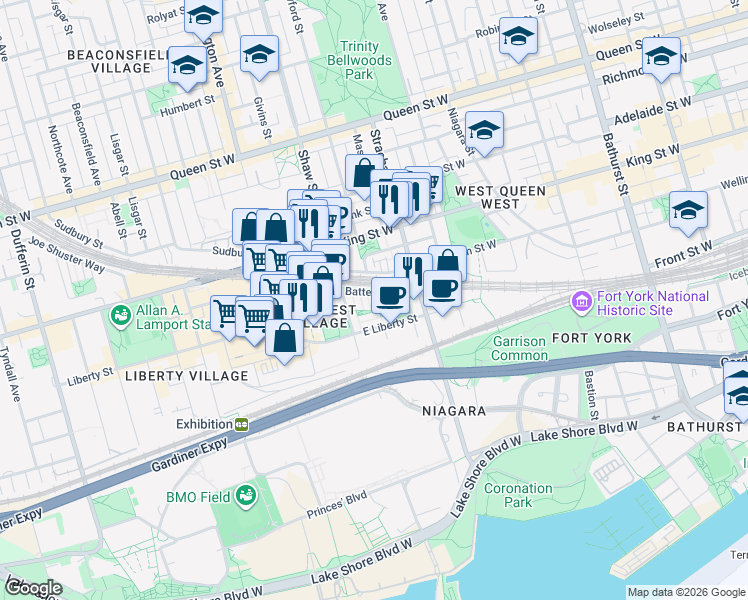 map of restaurants, bars, coffee shops, grocery stores, and more near 38 Western Battery Road in Toronto