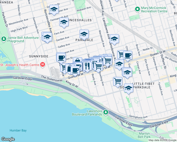 map of restaurants, bars, coffee shops, grocery stores, and more near 1606 Queen Street West in Toronto