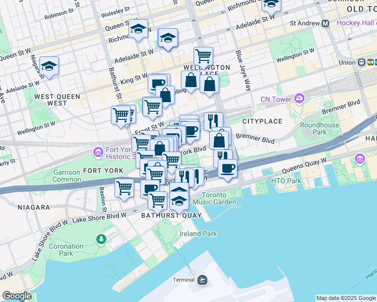 map of restaurants, bars, coffee shops, grocery stores, and more near 45 Fort York Boulevard in Toronto