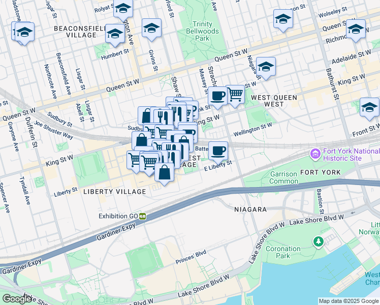 map of restaurants, bars, coffee shops, grocery stores, and more near 80 Western Battery Road in Toronto