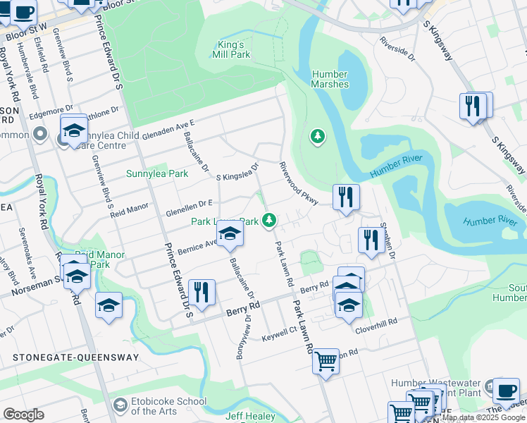 map of restaurants, bars, coffee shops, grocery stores, and more near 346 Park Lawn Road in Toronto