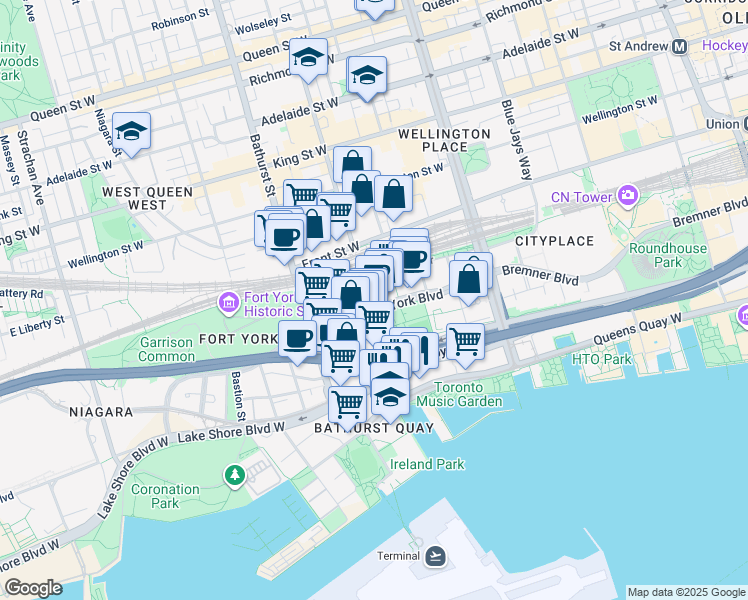 map of restaurants, bars, coffee shops, grocery stores, and more near 151 Dan Leckie Way in Toronto