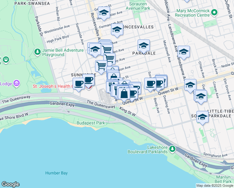 map of restaurants, bars, coffee shops, grocery stores, and more near in Toronto