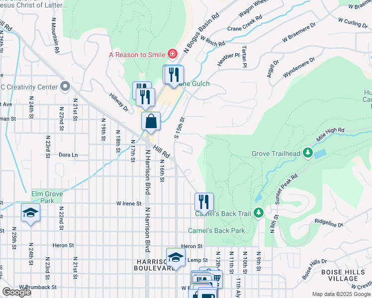 map of restaurants, bars, coffee shops, grocery stores, and more near 1413 Camel Back Lane in Boise
