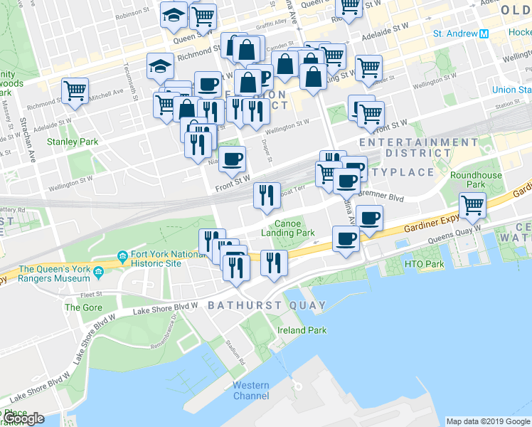 map of restaurants, bars, coffee shops, grocery stores, and more near in Toronto