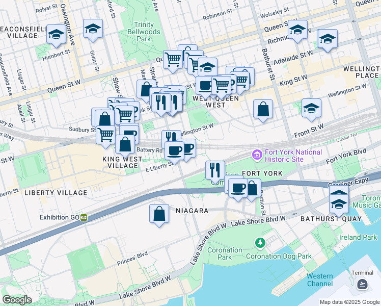 map of restaurants, bars, coffee shops, grocery stores, and more near in Toronto
