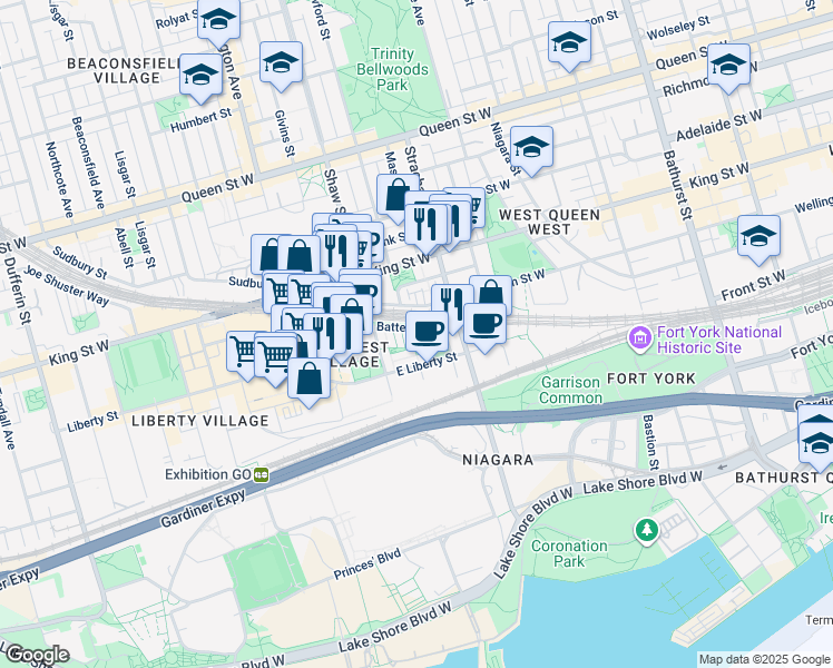 map of restaurants, bars, coffee shops, grocery stores, and more near 51 East Liberty Street in Toronto