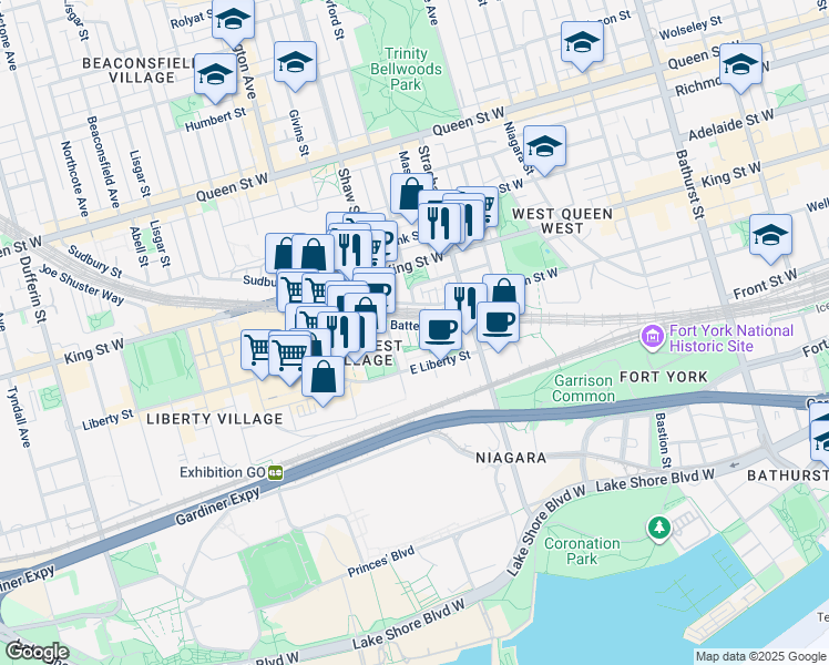 map of restaurants, bars, coffee shops, grocery stores, and more near 51 East Liberty Street in Toronto