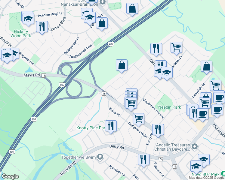 map of restaurants, bars, coffee shops, grocery stores, and more near 7512 Magistrate Terrace in Mississauga