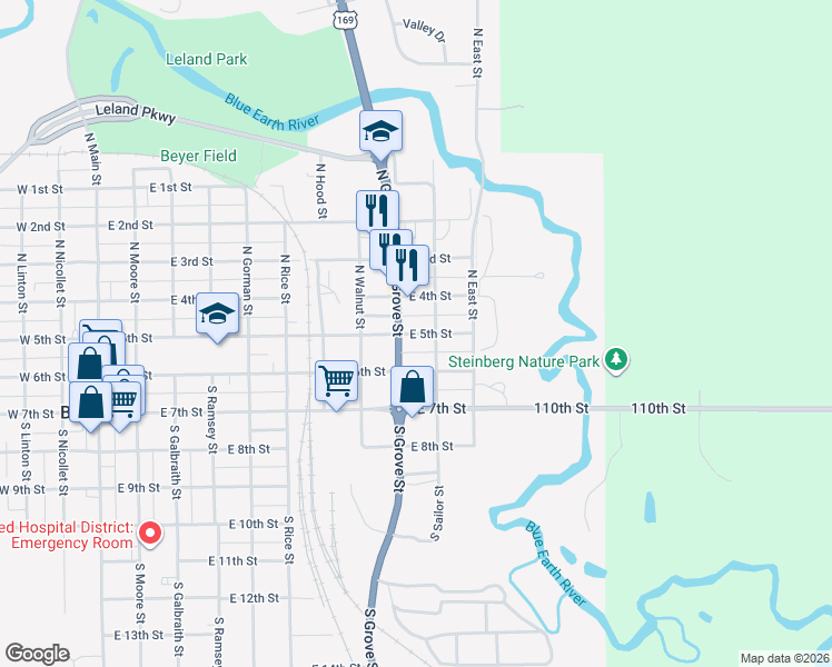 map of restaurants, bars, coffee shops, grocery stores, and more near 902 East 5th Street in Blue Earth