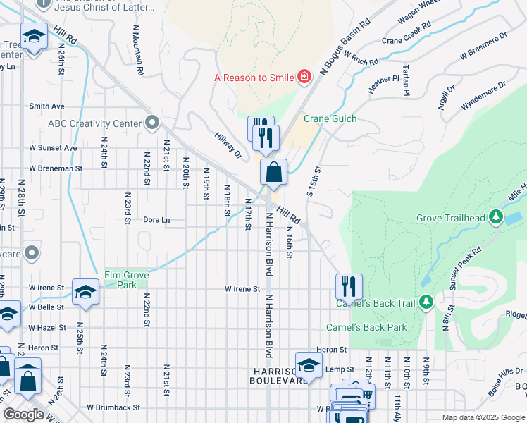 map of restaurants, bars, coffee shops, grocery stores, and more near 2217 North Harrison Boulevard in Boise