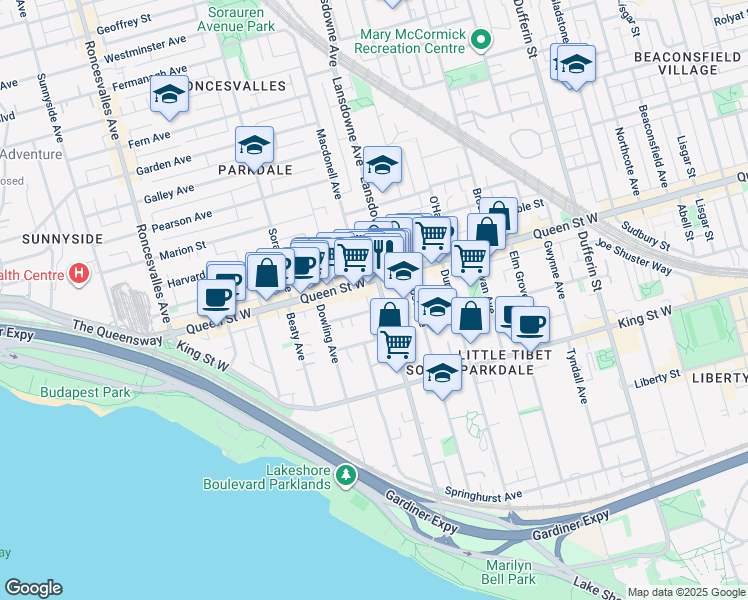 map of restaurants, bars, coffee shops, grocery stores, and more near 200 Jameson Avenue in Toronto
