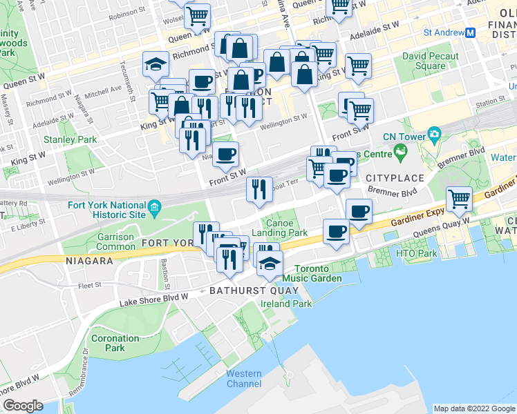 map of restaurants, bars, coffee shops, grocery stores, and more near 151 Dan Leckie Way in Toronto