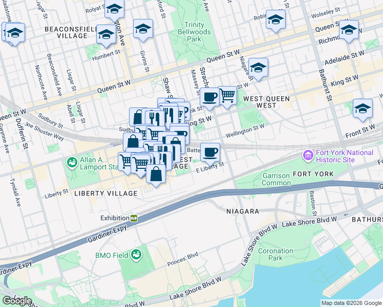 map of restaurants, bars, coffee shops, grocery stores, and more near 80 Western Battery Road in Toronto