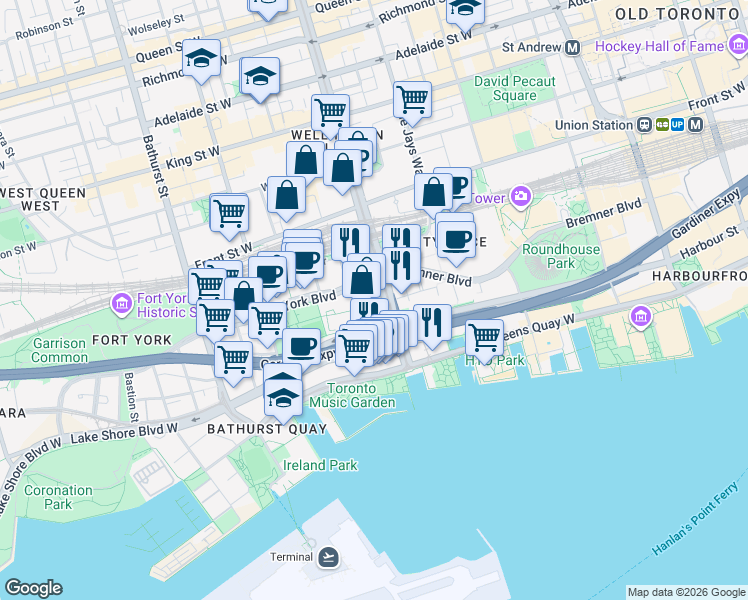map of restaurants, bars, coffee shops, grocery stores, and more near 15 Brunel Court in Toronto