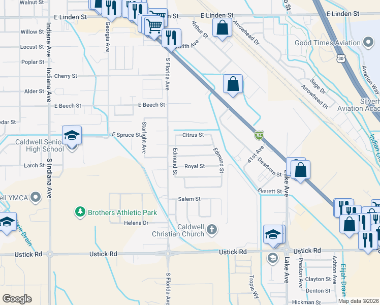 map of restaurants, bars, coffee shops, grocery stores, and more near 3016 Woodbridge Street in Caldwell