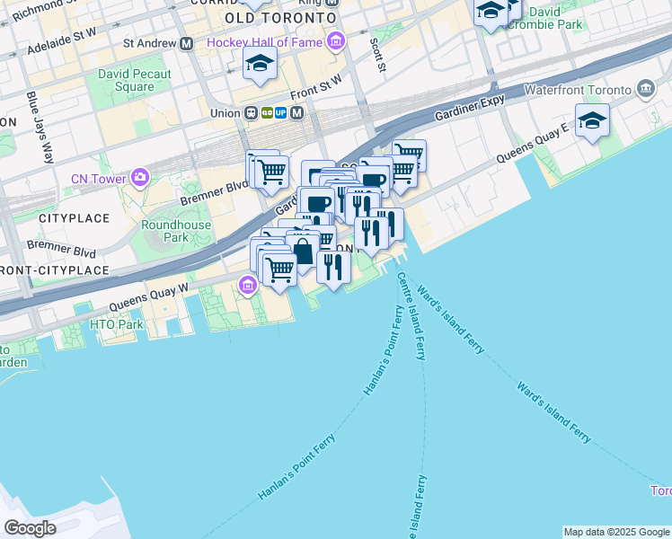 map of restaurants, bars, coffee shops, grocery stores, and more near 65 Harbour Square in Toronto