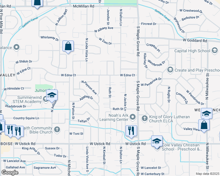 map of restaurants, bars, coffee shops, grocery stores, and more near 3810 North Patricia Lane in Boise
