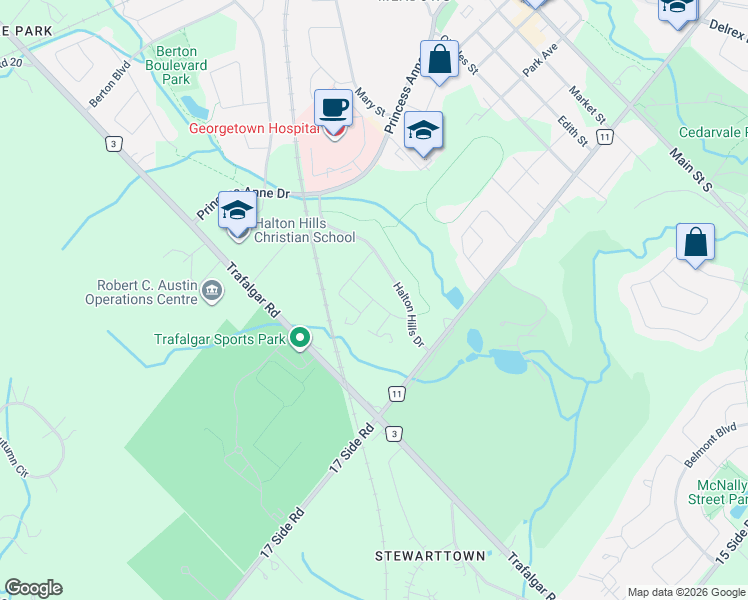 map of restaurants, bars, coffee shops, grocery stores, and more near 41 Humberstone Drive in Halton Hills