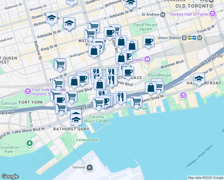 map of restaurants, bars, coffee shops, grocery stores, and more near 35 Mariner Terrace in Toronto
