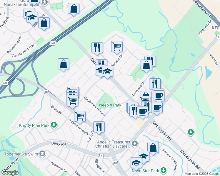 map of restaurants, bars, coffee shops, grocery stores, and more near 7316 Village Walk in Mississauga