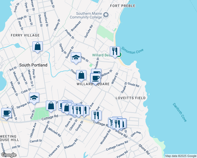 map of restaurants, bars, coffee shops, grocery stores, and more near 94 Willow Street in South Portland