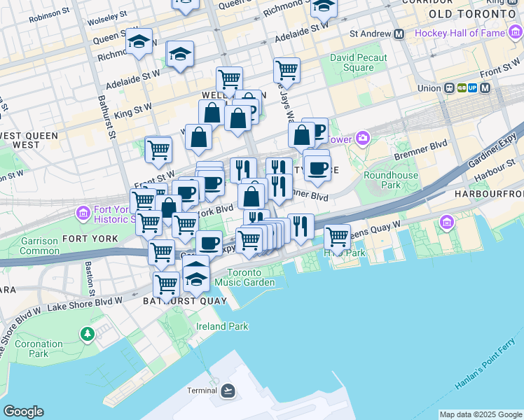 map of restaurants, bars, coffee shops, grocery stores, and more near 15 Brunel Court in Toronto