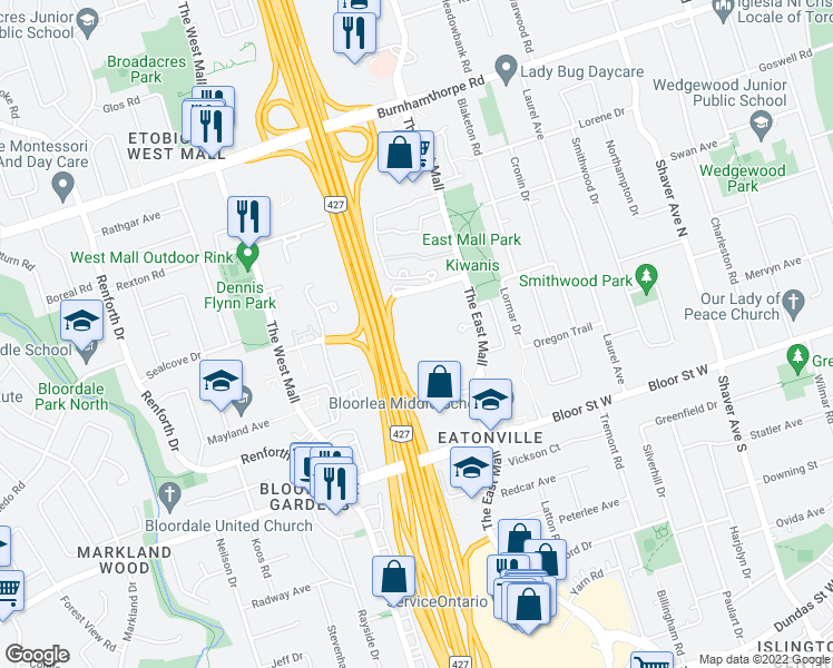 map of restaurants, bars, coffee shops, grocery stores, and more near 611-5 Valhalla Inn Road in Toronto