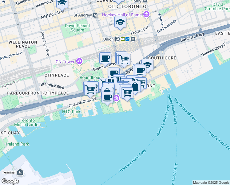 map of restaurants, bars, coffee shops, grocery stores, and more near 218 Queens Quay West in Toronto