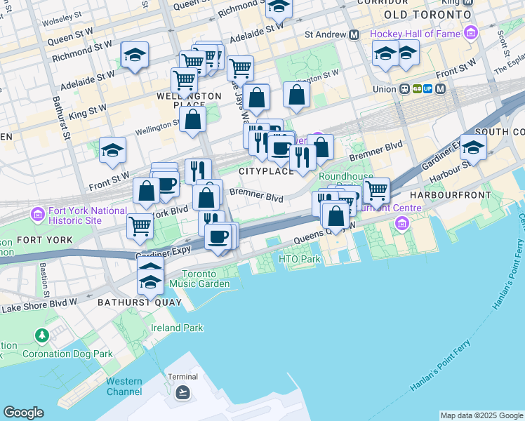 map of restaurants, bars, coffee shops, grocery stores, and more near 5 Mariner Terrace in Toronto