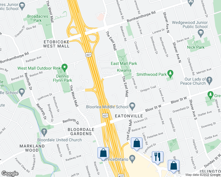 map of restaurants, bars, coffee shops, grocery stores, and more near 611-5 Valhalla Inn Road in Toronto
