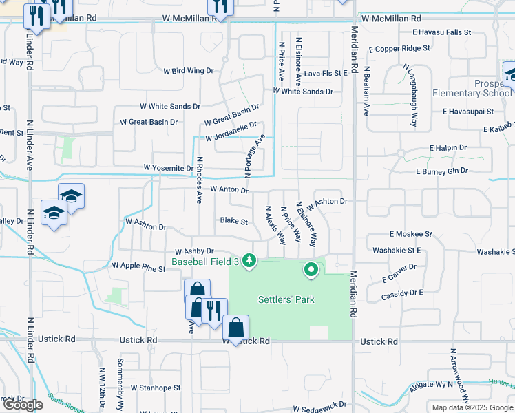 map of restaurants, bars, coffee shops, grocery stores, and more near 531 West Welch Street in Meridian