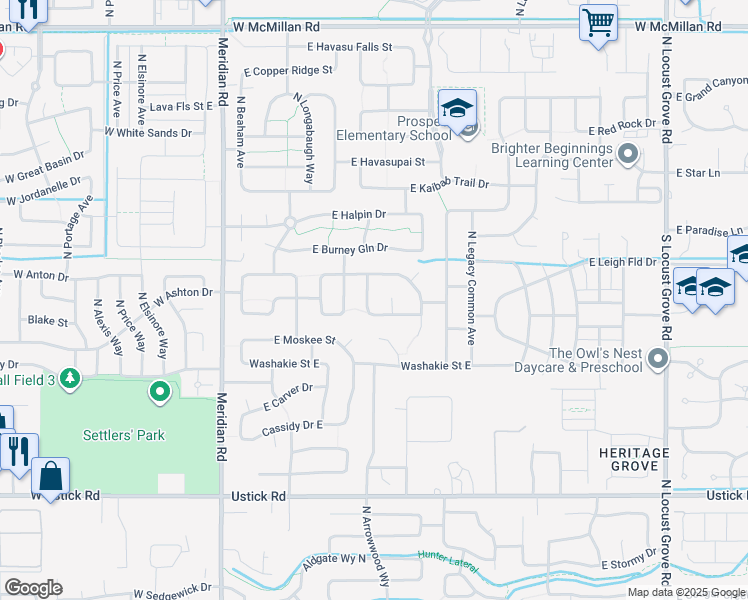 map of restaurants, bars, coffee shops, grocery stores, and more near 582 East Heritage Park Street in Meridian
