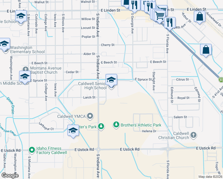 map of restaurants, bars, coffee shops, grocery stores, and more near 3401 South Indiana Avenue in Caldwell