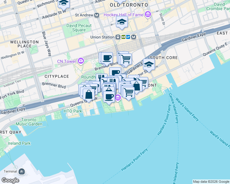 map of restaurants, bars, coffee shops, grocery stores, and more near 218 Queens Quay West in Toronto