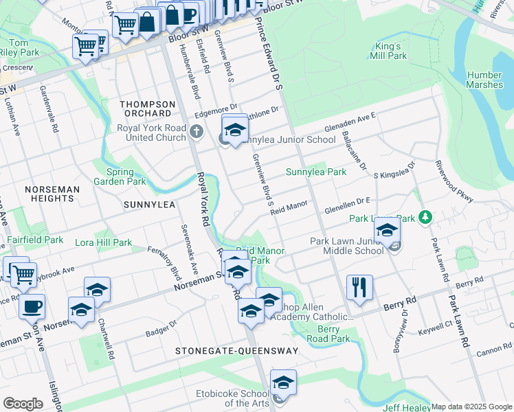 map of restaurants, bars, coffee shops, grocery stores, and more near 39 Sunnydale Drive in Toronto