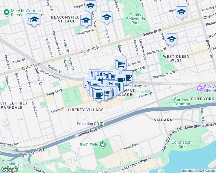 map of restaurants, bars, coffee shops, grocery stores, and more near 100 Lynn Williams Street in Toronto