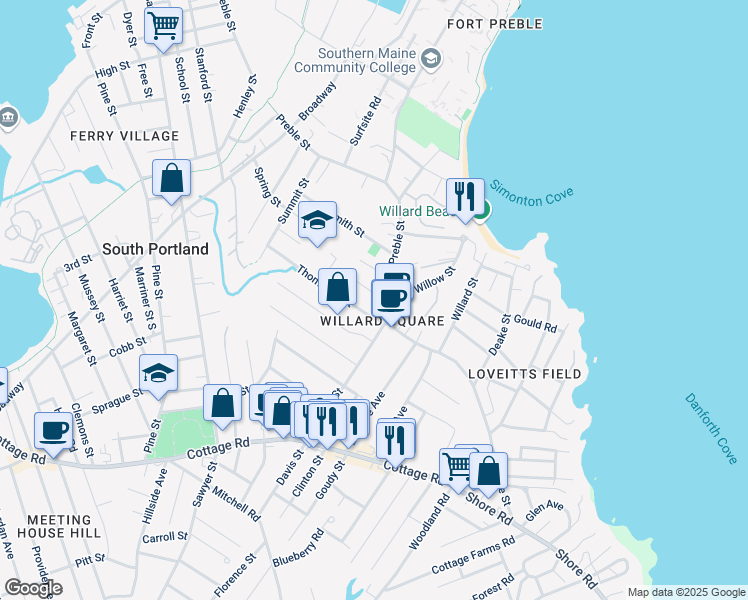 map of restaurants, bars, coffee shops, grocery stores, and more near in South Portland