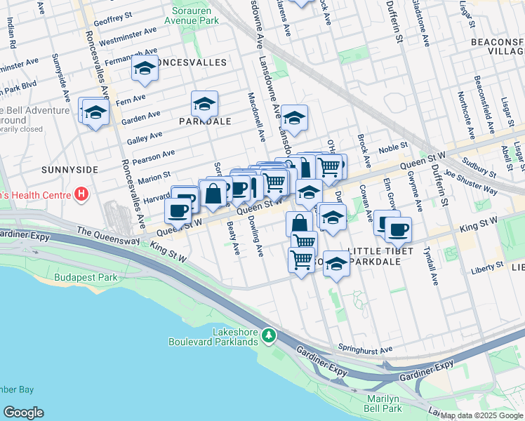 map of restaurants, bars, coffee shops, grocery stores, and more near 1457 Queen Street West in Toronto