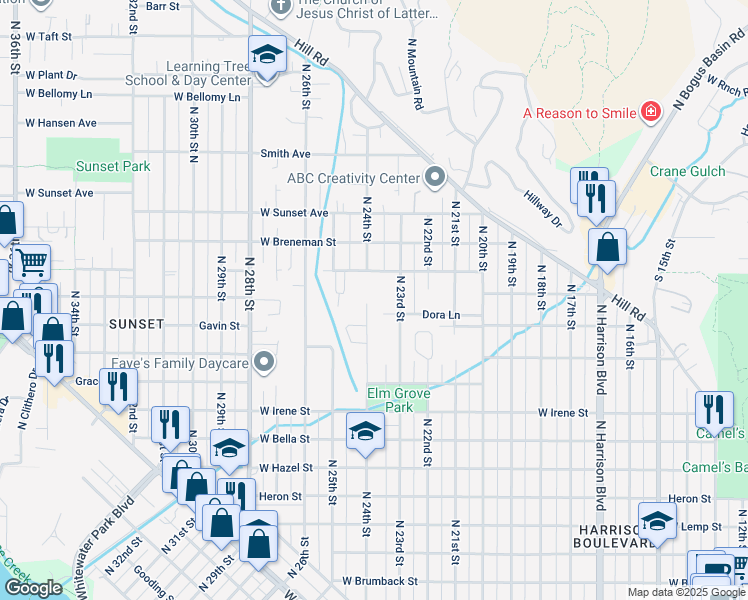 map of restaurants, bars, coffee shops, grocery stores, and more near 2103 North 24th Street in Boise