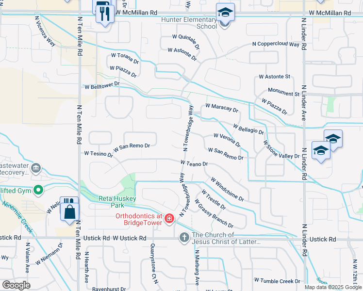 map of restaurants, bars, coffee shops, grocery stores, and more near 3797 North Palatine Place in Meridian
