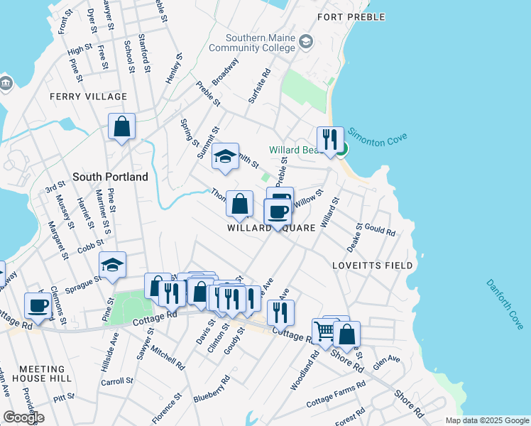 map of restaurants, bars, coffee shops, grocery stores, and more near in South Portland