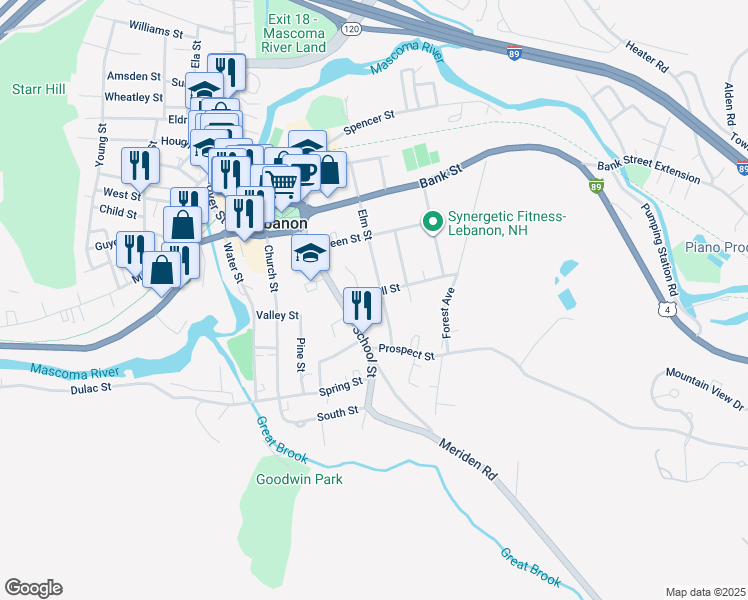 map of restaurants, bars, coffee shops, grocery stores, and more near 57 Elm Street in Lebanon