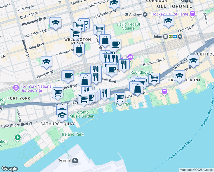 map of restaurants, bars, coffee shops, grocery stores, and more near in Toronto