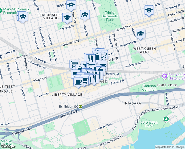 map of restaurants, bars, coffee shops, grocery stores, and more near 100 Western Battery Road in Toronto