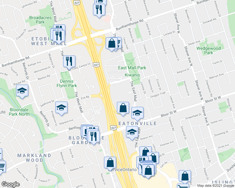 map of restaurants, bars, coffee shops, grocery stores, and more near in Toronto